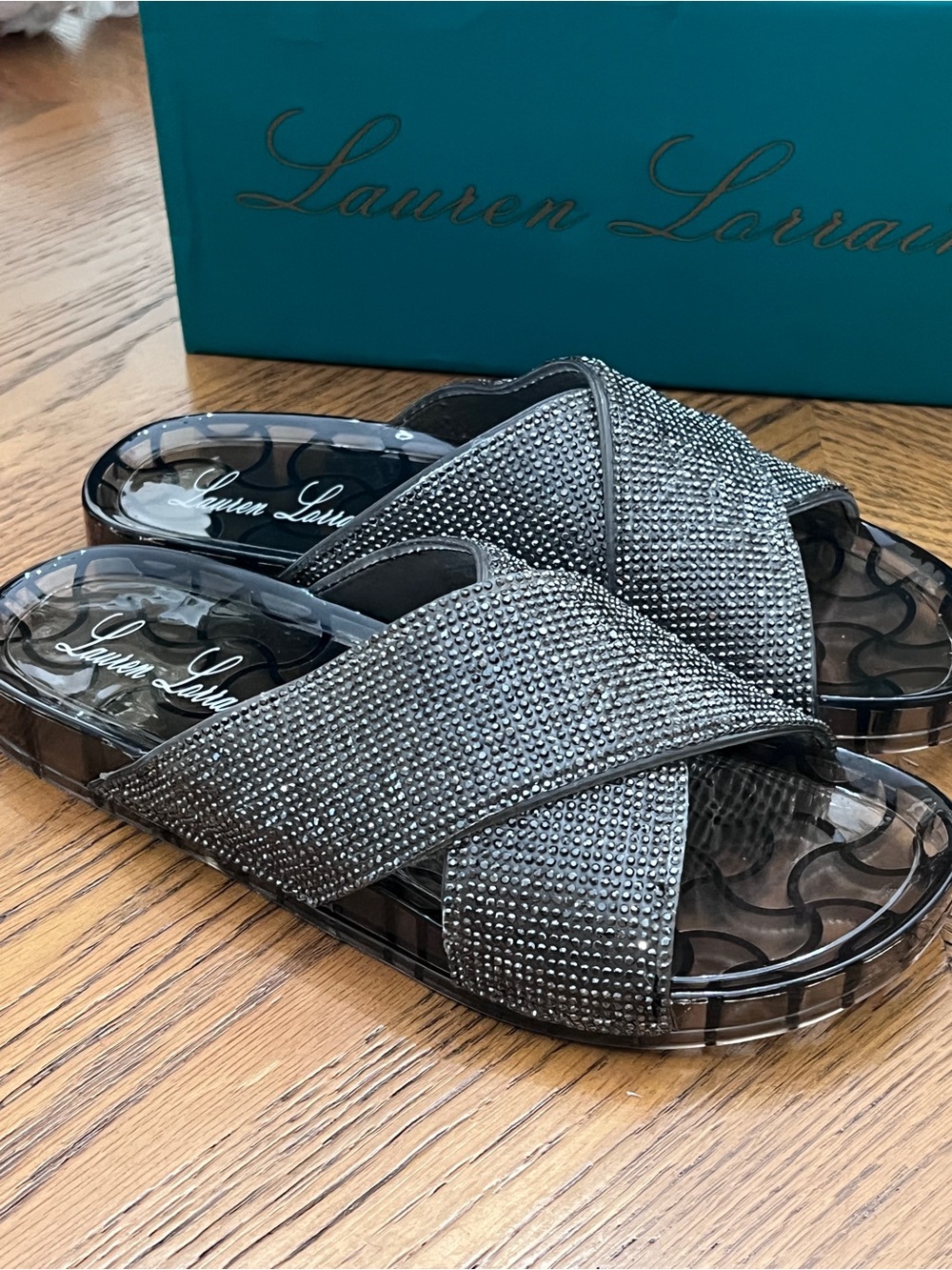 Lauren Lorraine Black and Silver Crystal Crossband Slide Sandals